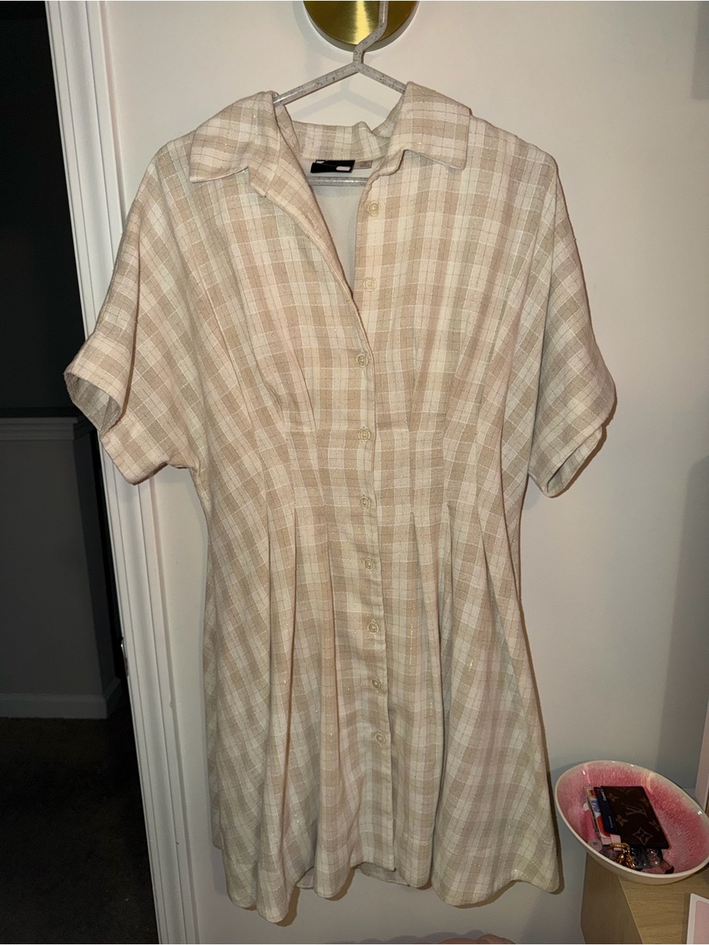 Maison Tara Cream and Beige Plaid Short-Sleeve Button Dress